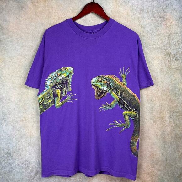 VTG 90s Iguana Graphic T Shirt Mens Sz L Purple Single Stitch Wraparound Reptile - Picture 1 of 8
